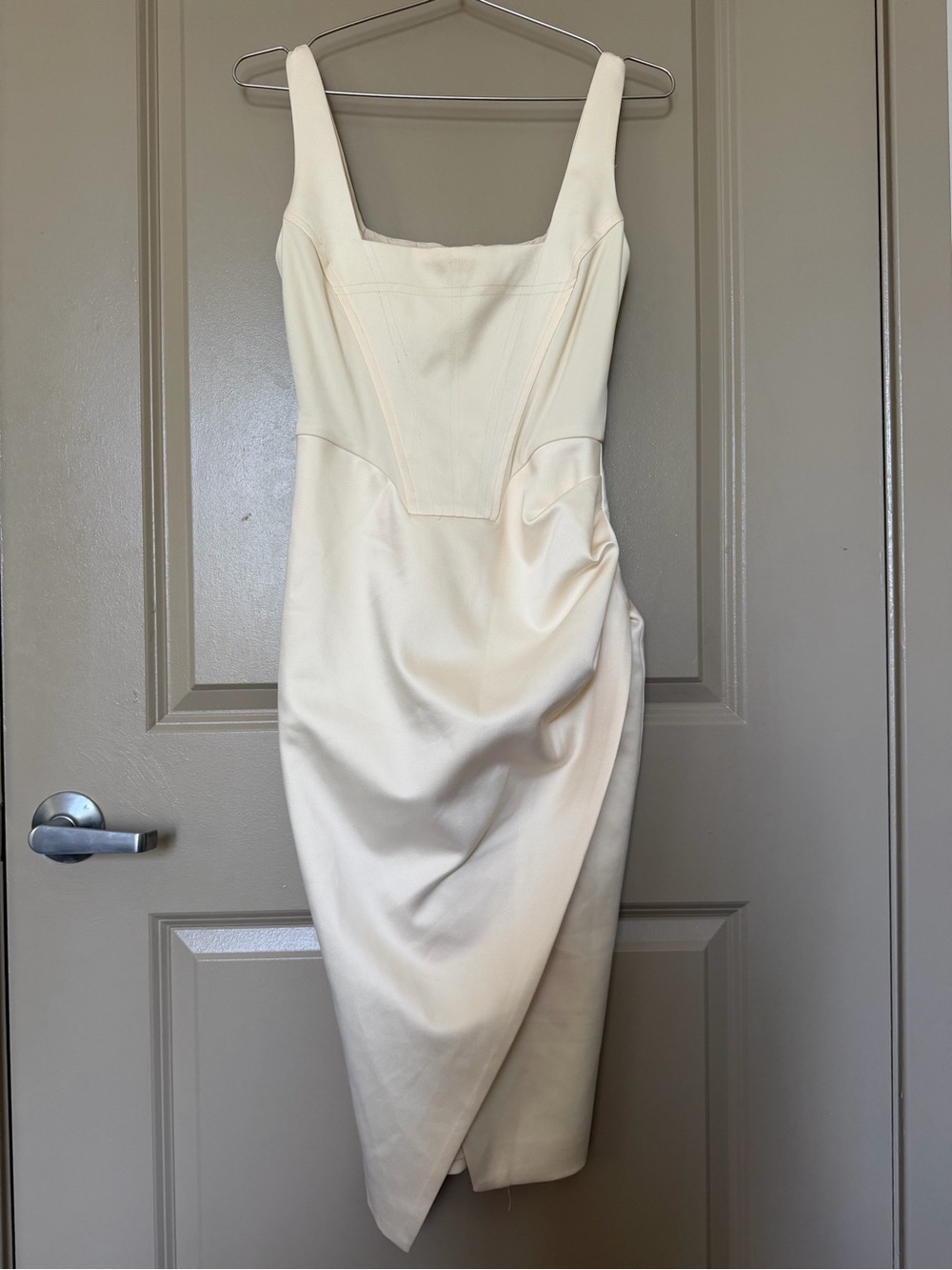 Lavish Alice Cream Square-Neck Midi Dress with Asymmetric Hem